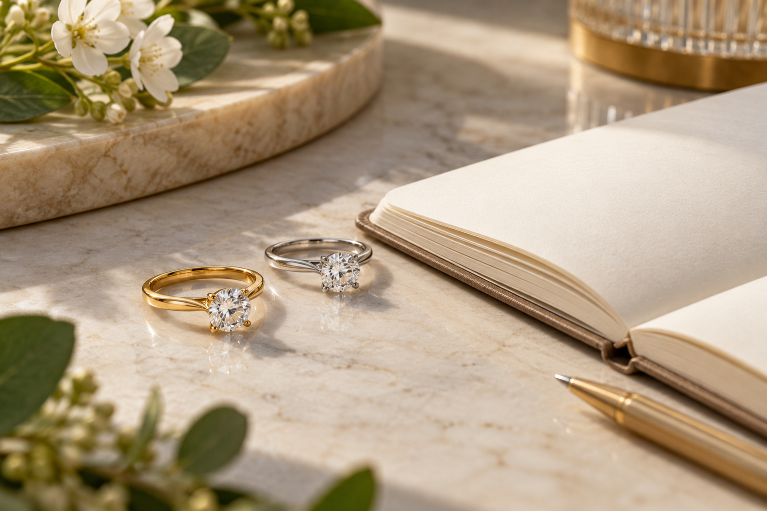Two understated solitaire rings beside an open notebook