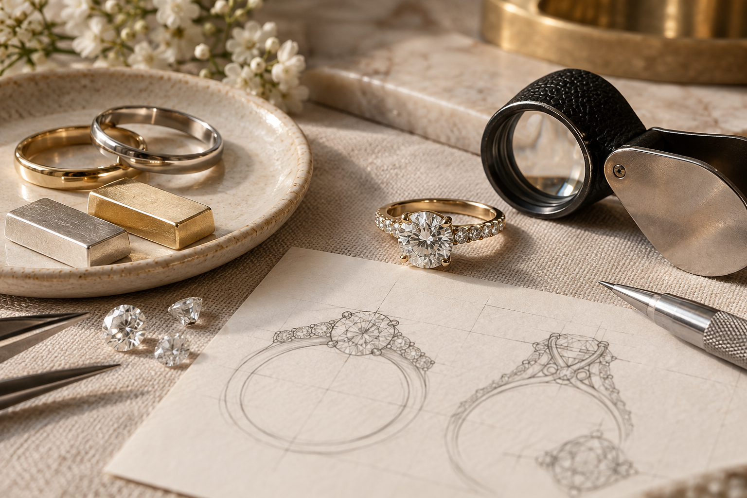 Jewellery design drawings, metal samples, a loupe and a diamond ring