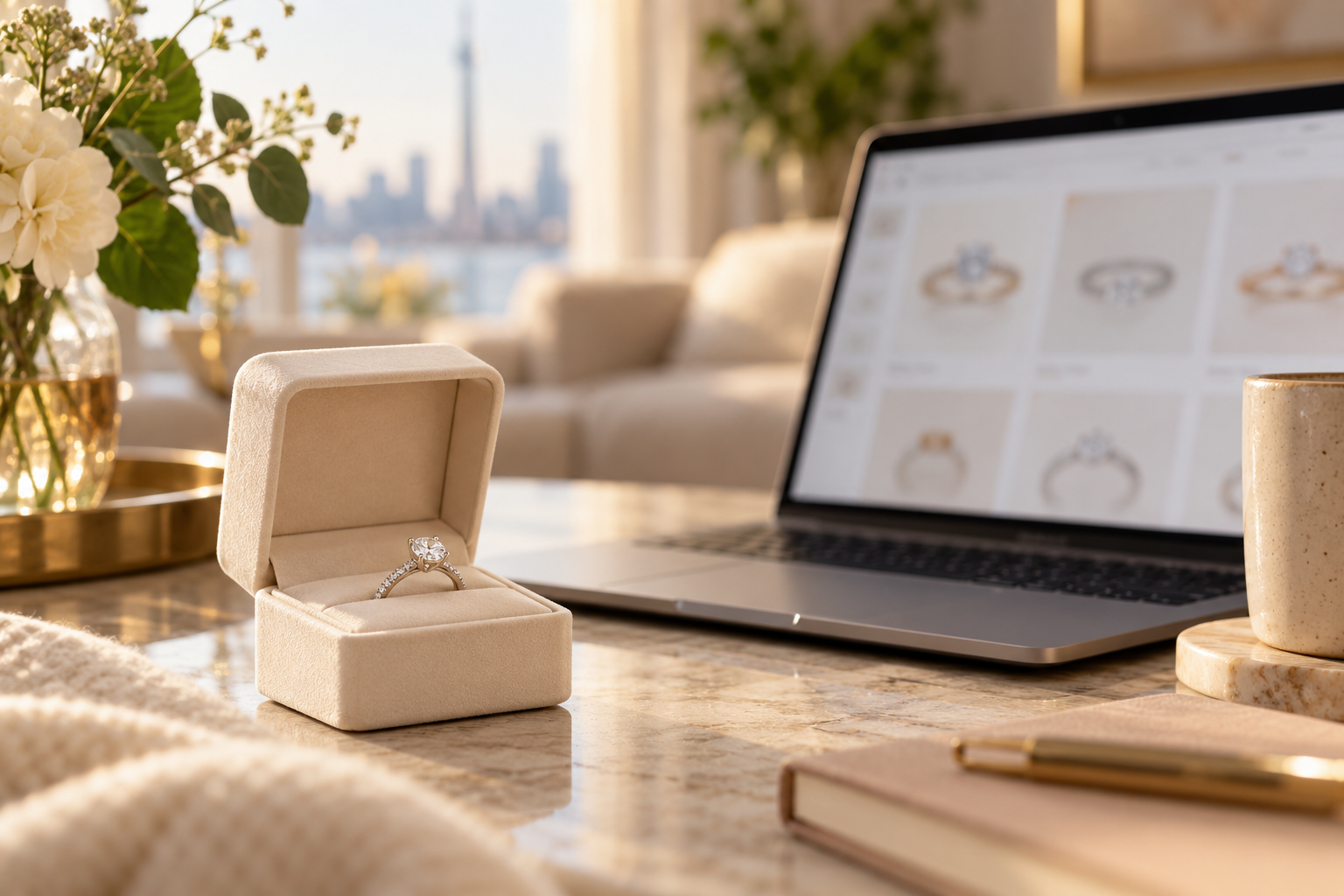 Illustration of online engagement-ring shopping