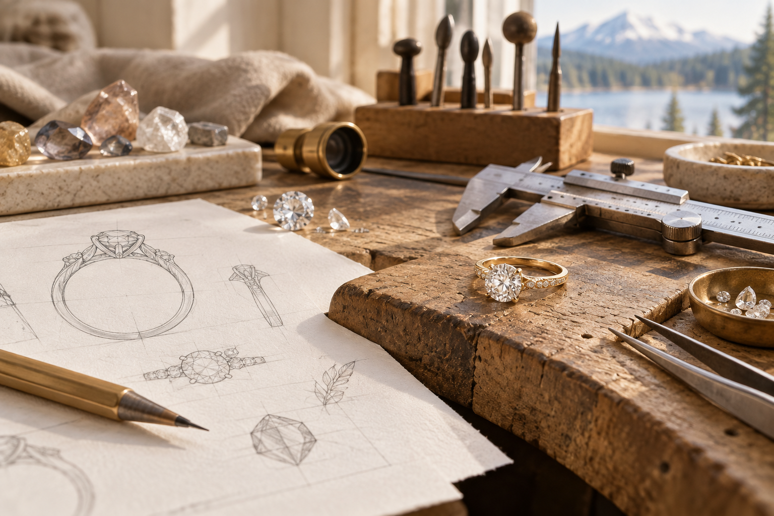 Illustration of an engagement ring with design sketches
