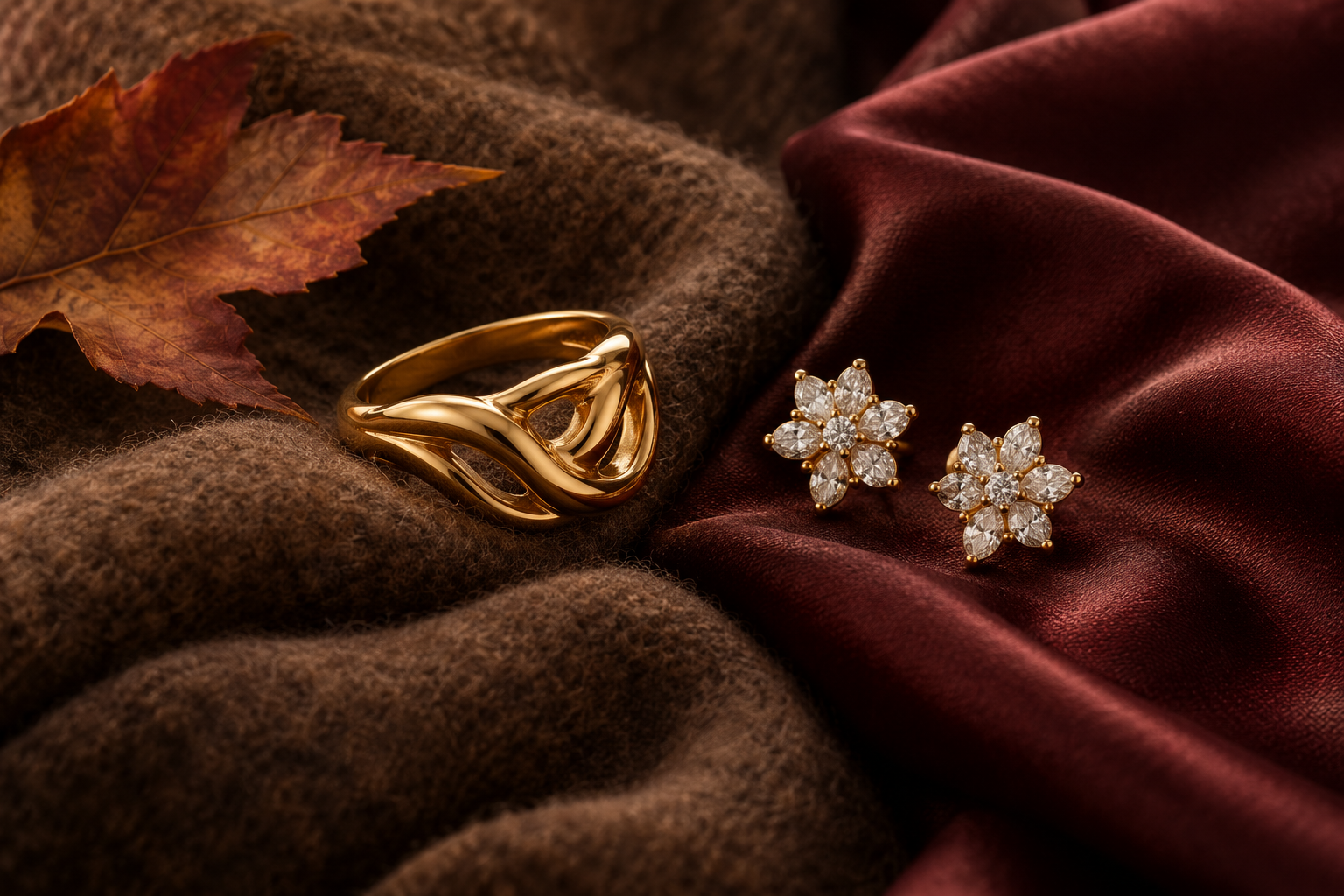 A sculptural gold ring and floral diamond earrings on burgundy silk and brown wool