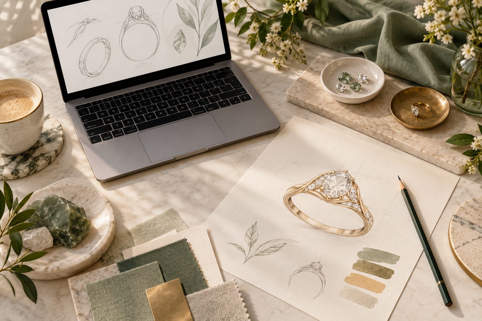 Jewellery concept sketches and a laptop on an ivory design desk