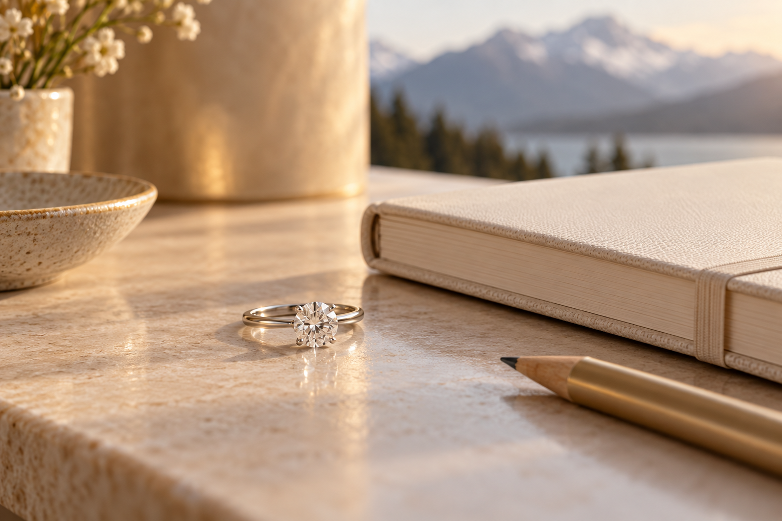 Illustration of a ring beside a budget notebook