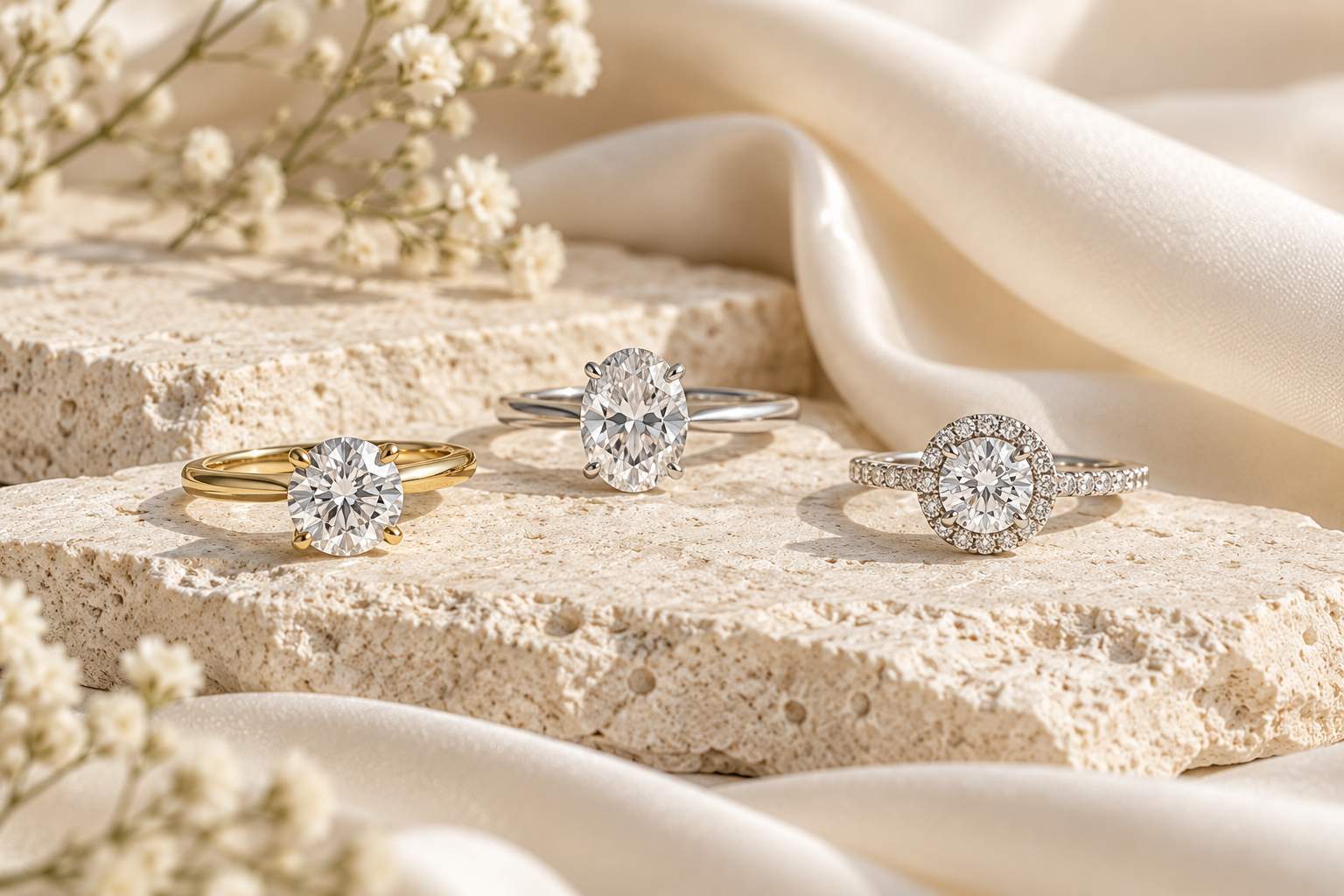 Illustration of round, oval and halo engagement rings
