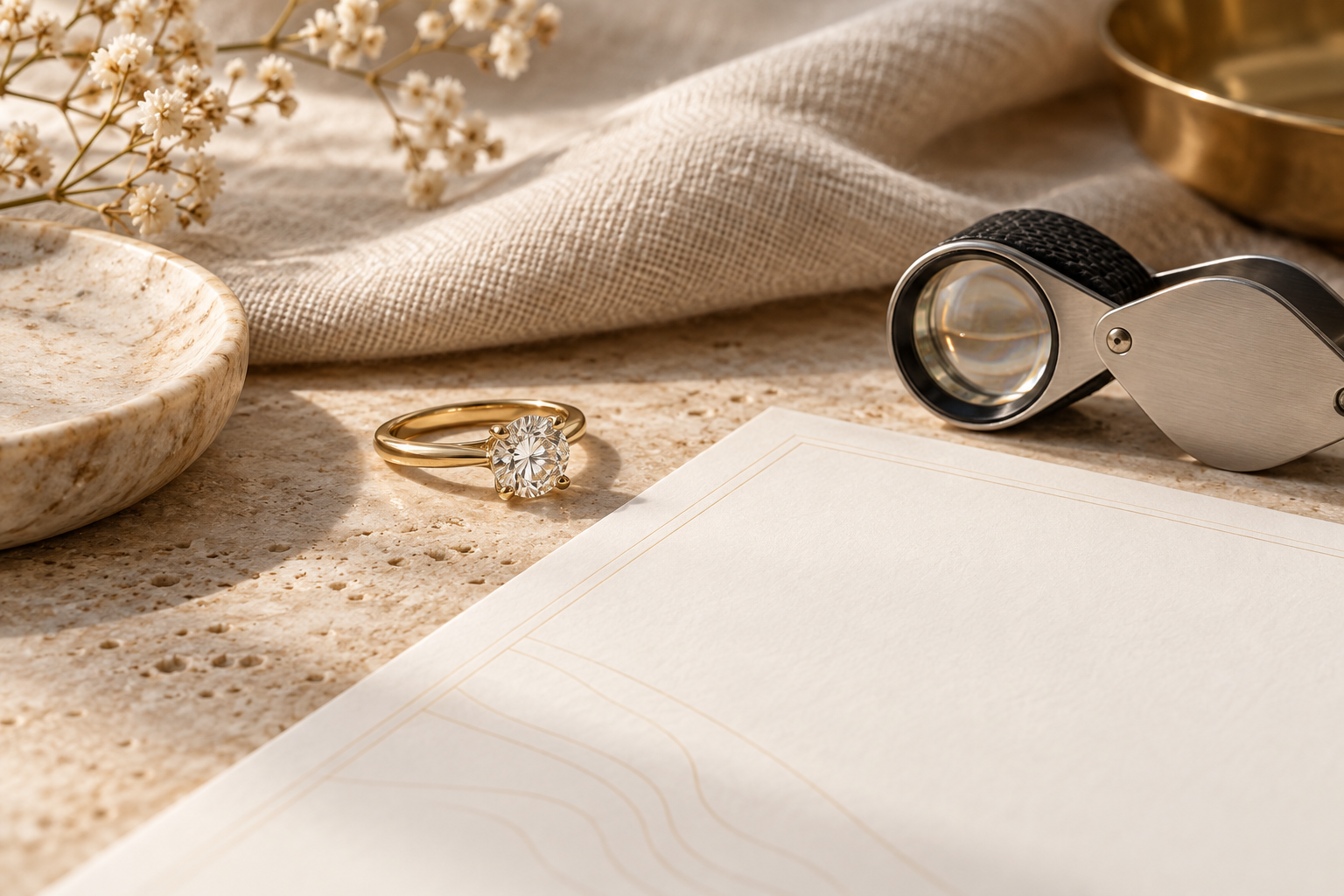 Illustration of a ring, loupe and provenance document