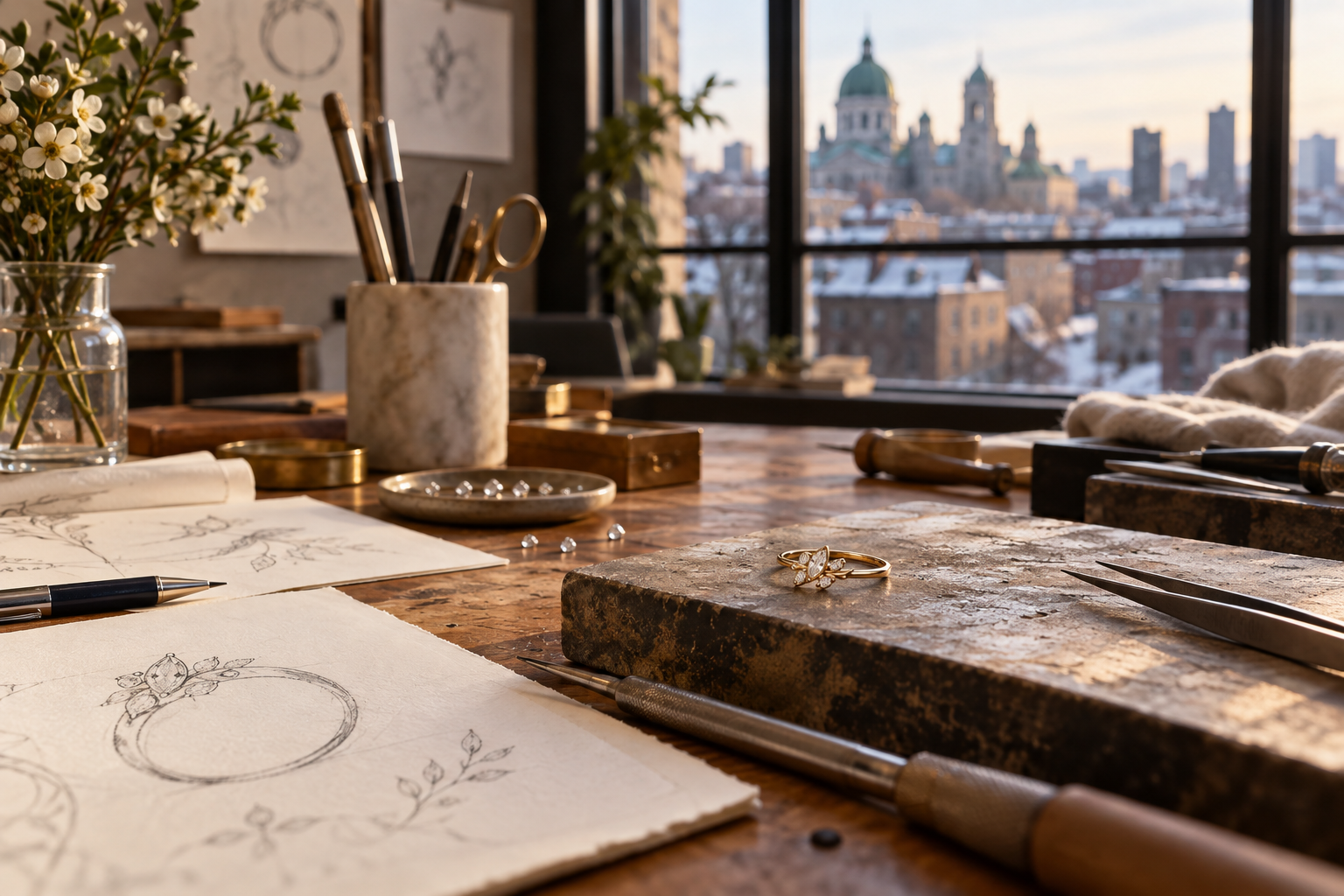 An illustrative jewellery design studio with a softly blurred city view