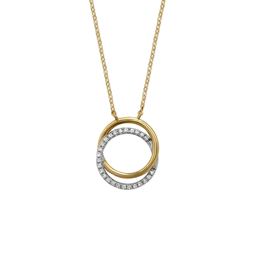 A 14K gold double circle diamond necklace with interlocking pendants, adorned with round diamonds.