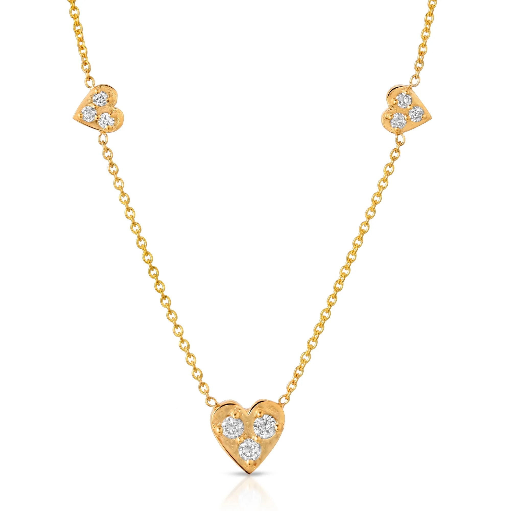 “Couer bouqet” 14-karat gold heart three station necklace with diamonds