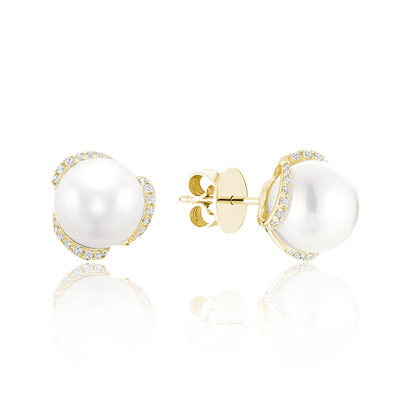 Cultured Freshwater Pearl & Diamonds Stud Earrings