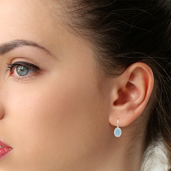 Blue Topaz & Diamond Halo Dangle Earrings ( 7 Colors Available )